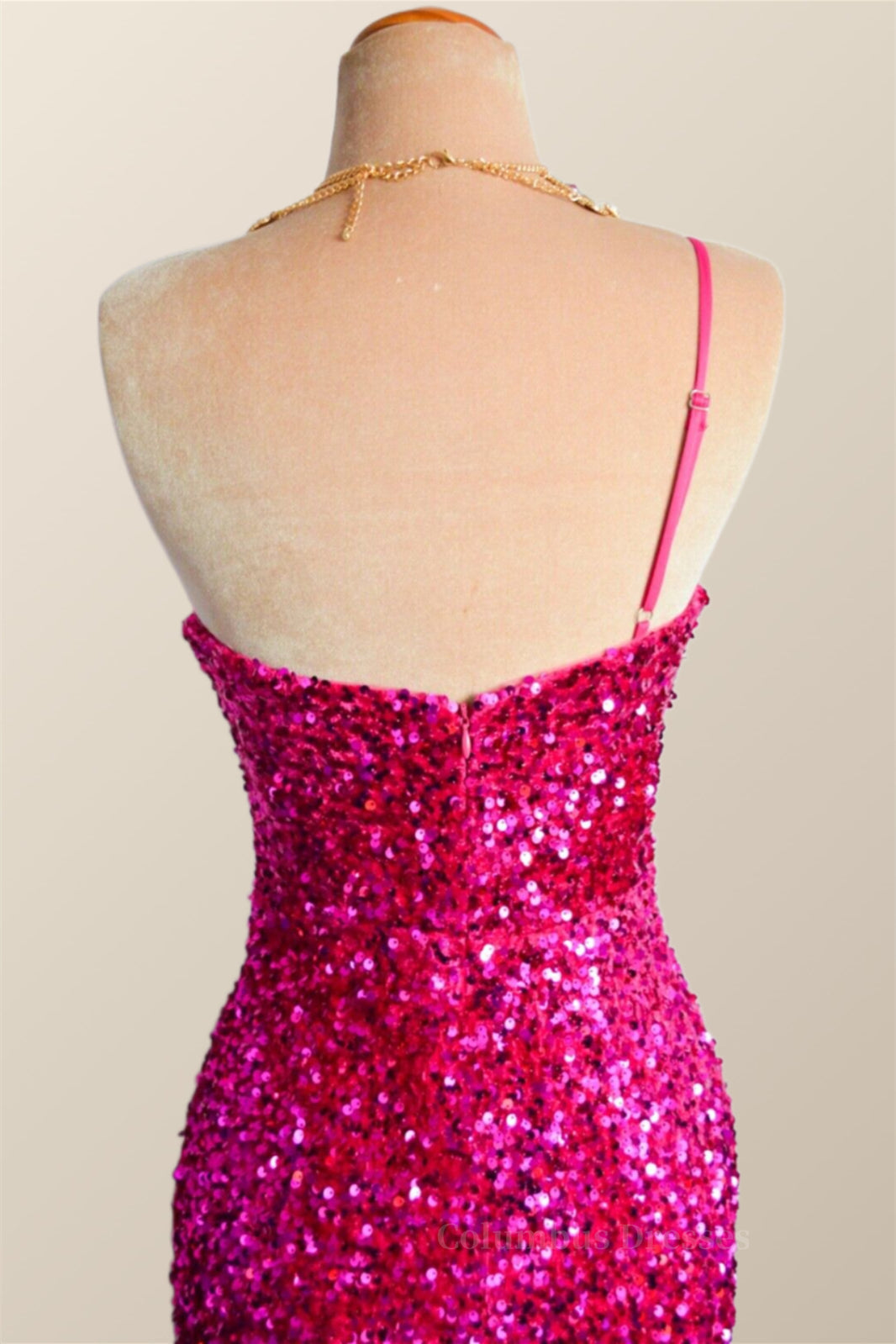 Bridesmaids Dress Beach, One Shoulder Fuchsia Sequin Mermaid Long Party Dress