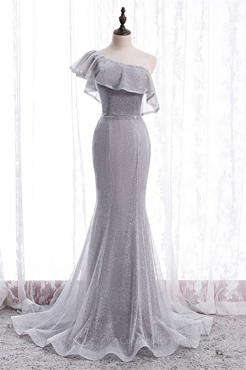 Homecoming Dresses Floral, One Shoulder Mermaid Ruffle Lace-Up Maxi Formal Dress