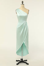 Prom Dresses Tight Fitting, One Shoulder Mint Green Wrap Bridesmaid Dress