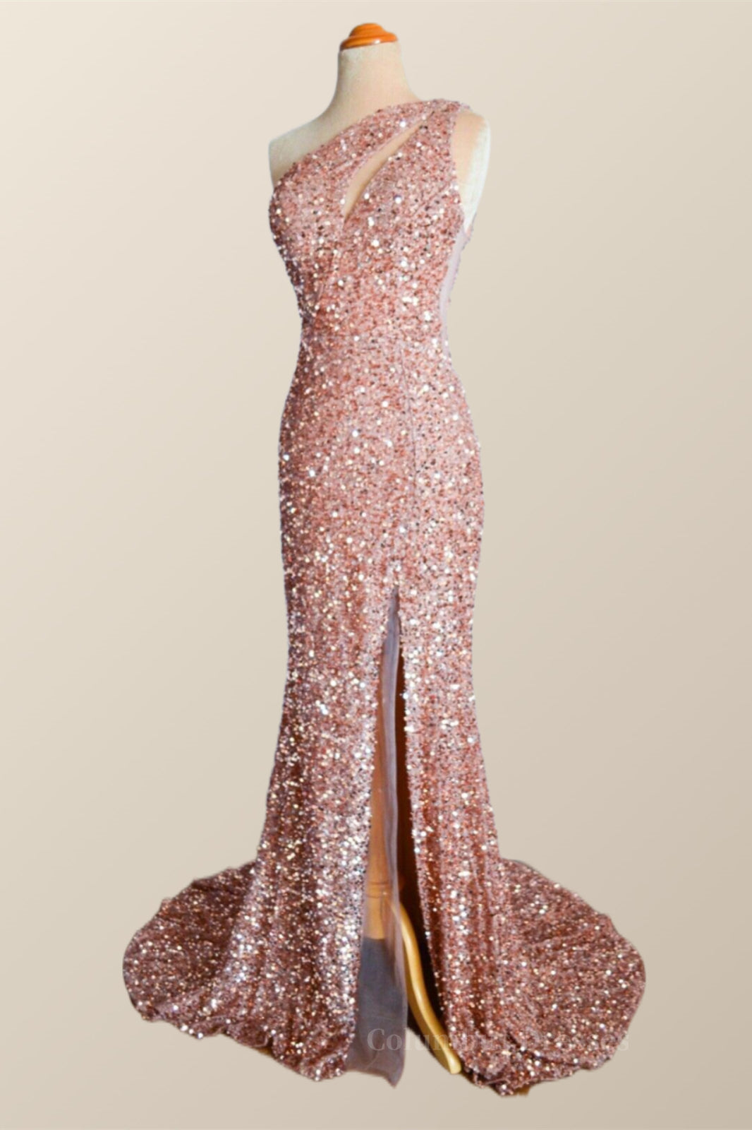 One Shoulder Rose Gold Sequin Mermaid Long Party Dress Secondary image