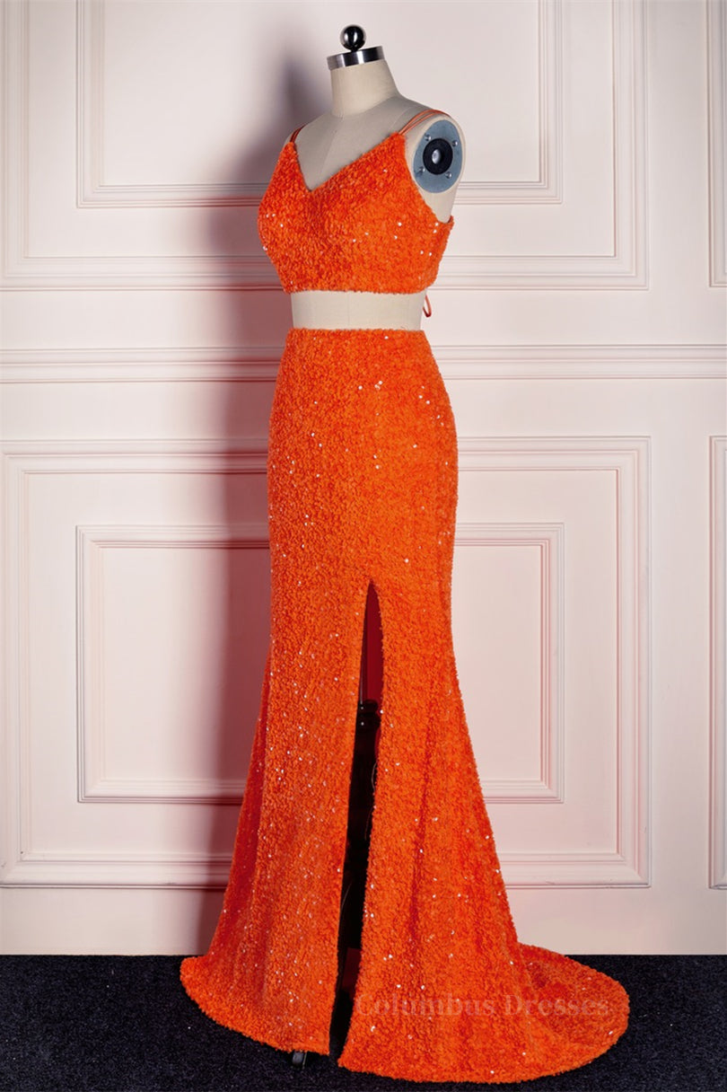 Prom Dresses For Chubby Girls, Orange Mermaid Spaghetti Straps Sparkly Two-Piece Long Formal Dress
