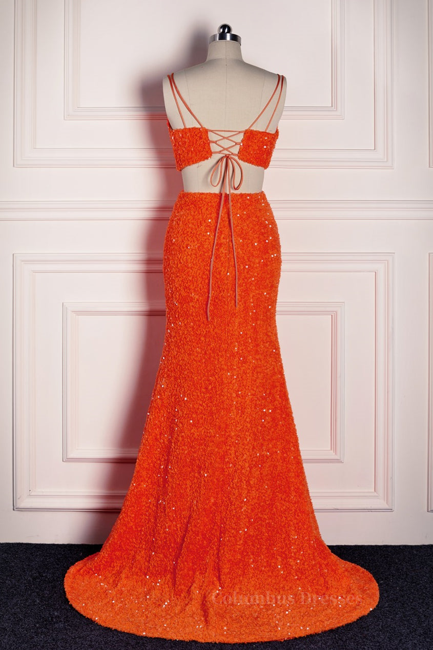 Prom Dress Long With Sleeves, Orange Mermaid Spaghetti Straps Sparkly Two-Piece Long Formal Dress Main image