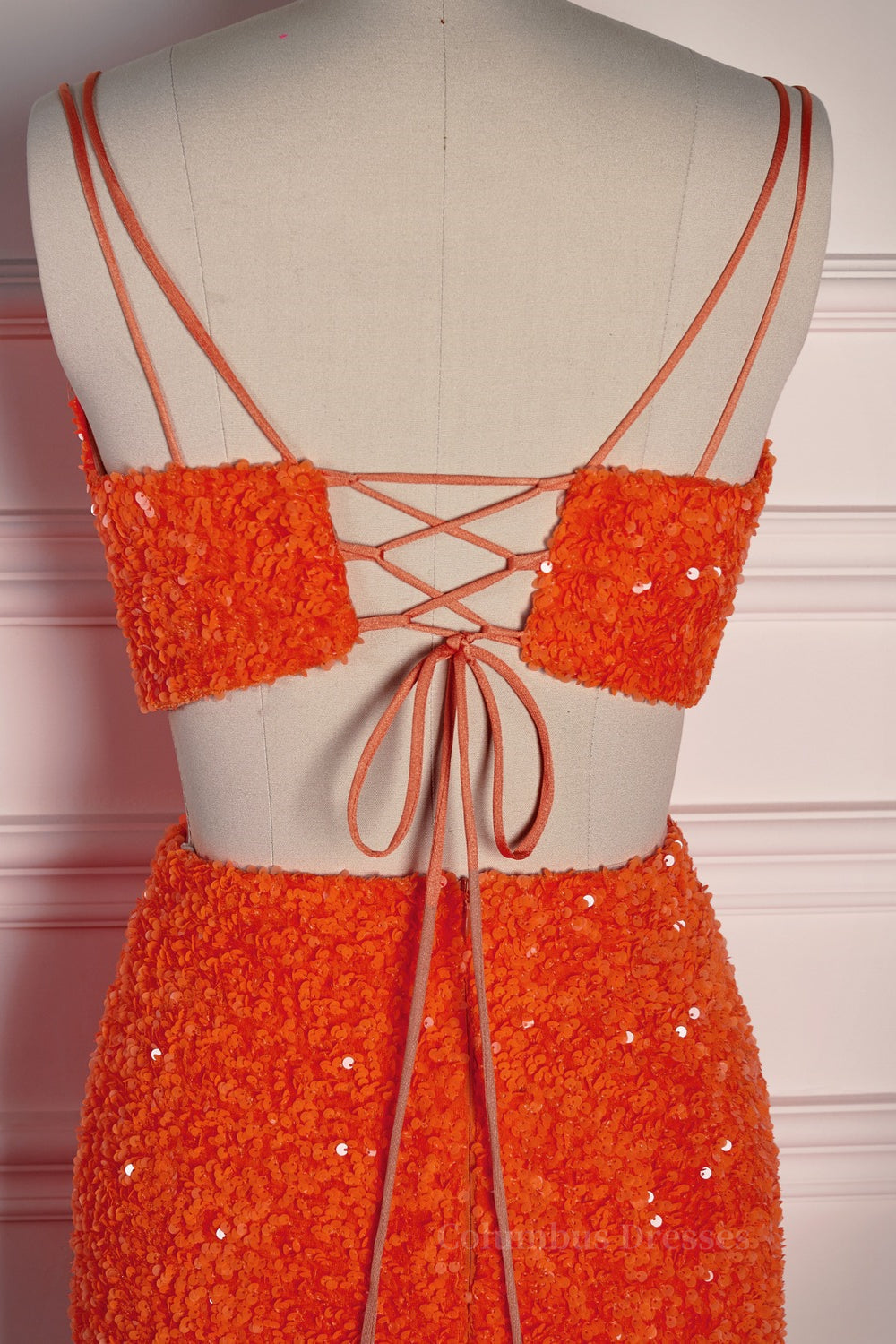Prom Dress Long Mermaid, Orange Mermaid Spaghetti Straps Sparkly Two-Piece Long Formal Dress