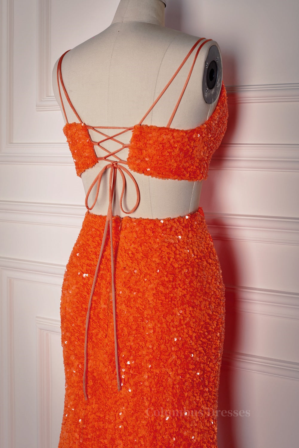 Prom Dresses Long Mermaide, Orange Mermaid Spaghetti Straps Sparkly Two-Piece Long Formal Dress