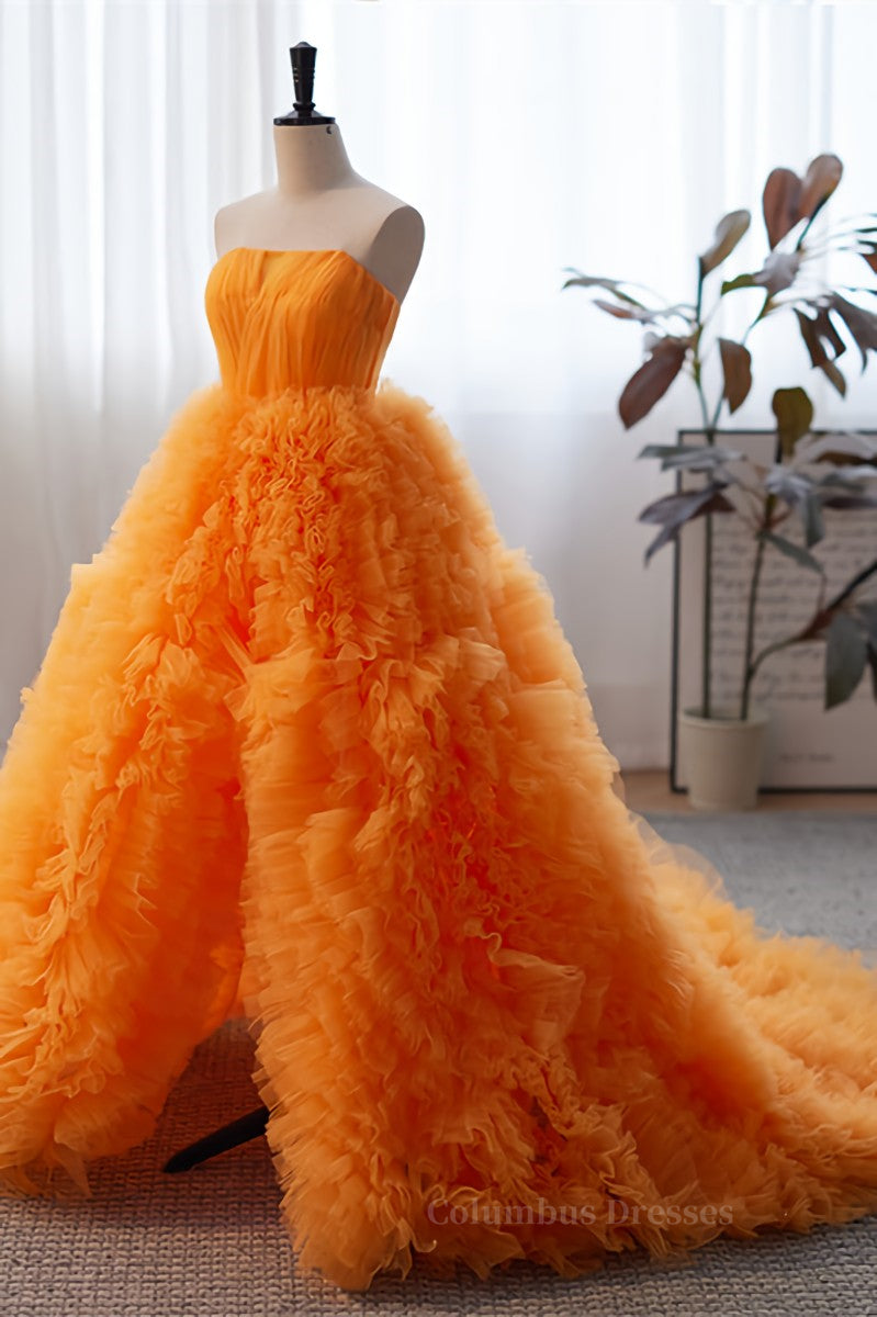 Bridesmaid Dresses Cheap, Orange Off-the-Shoulder Long Sleeves Ruffles Maxi Formal Dress with Slit Main image
