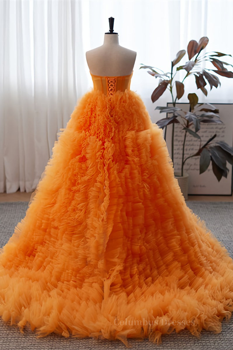 Bridesmaid Dresses Blue, Orange Off-the-Shoulder Long Sleeves Ruffles Maxi Formal Dress with Slit