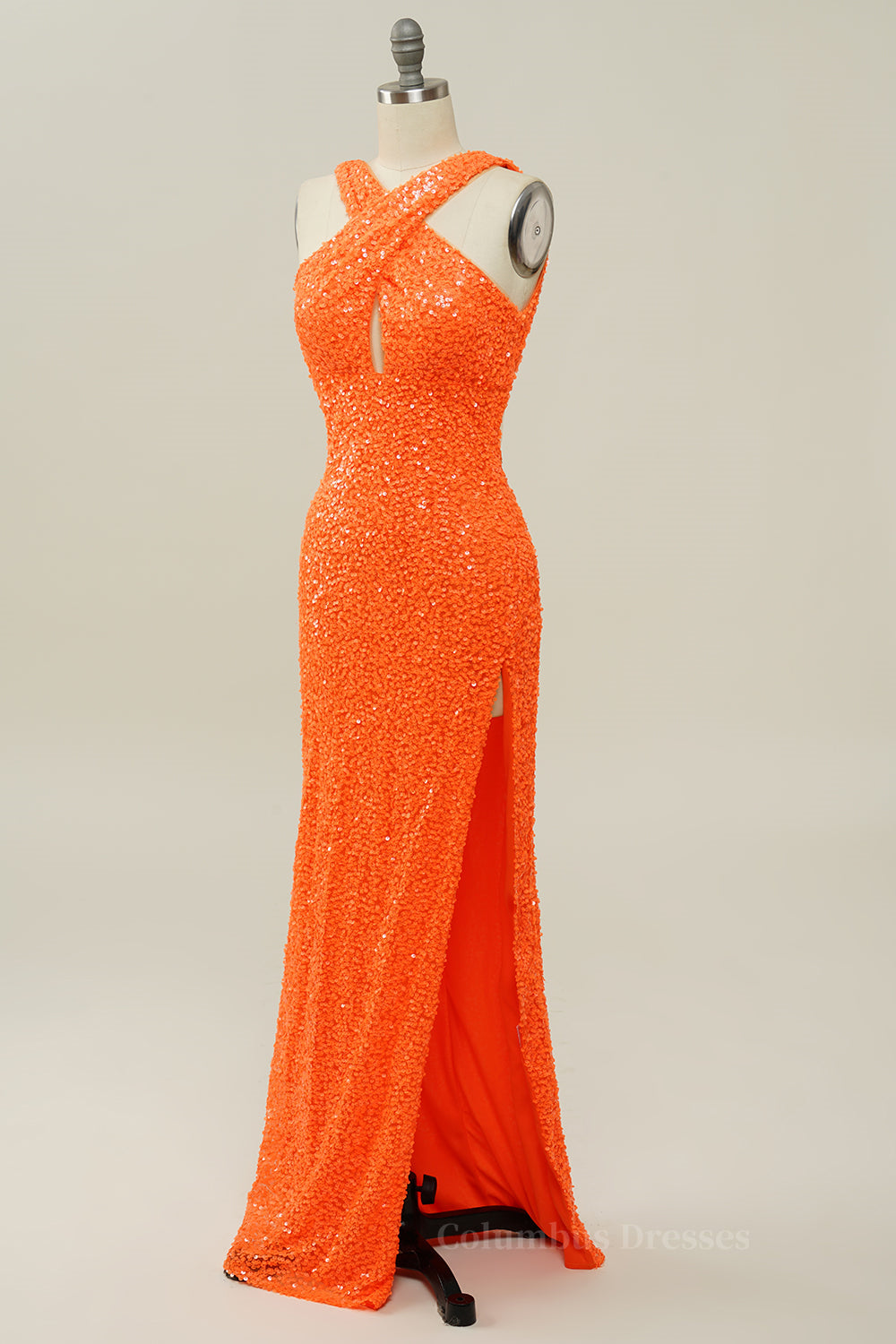 Prom Dresses Burgundy, Orange Sequin Cross Front Mermaid Long Formal Gown Main image