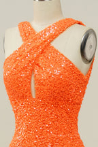 Prom Dresses Black Girl, Orange Sequin Cross Front Mermaid Long Formal Gown