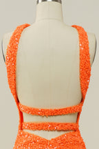 Prom Dresses Black Girls, Orange Sequin Cross Front Mermaid Long Formal Gown