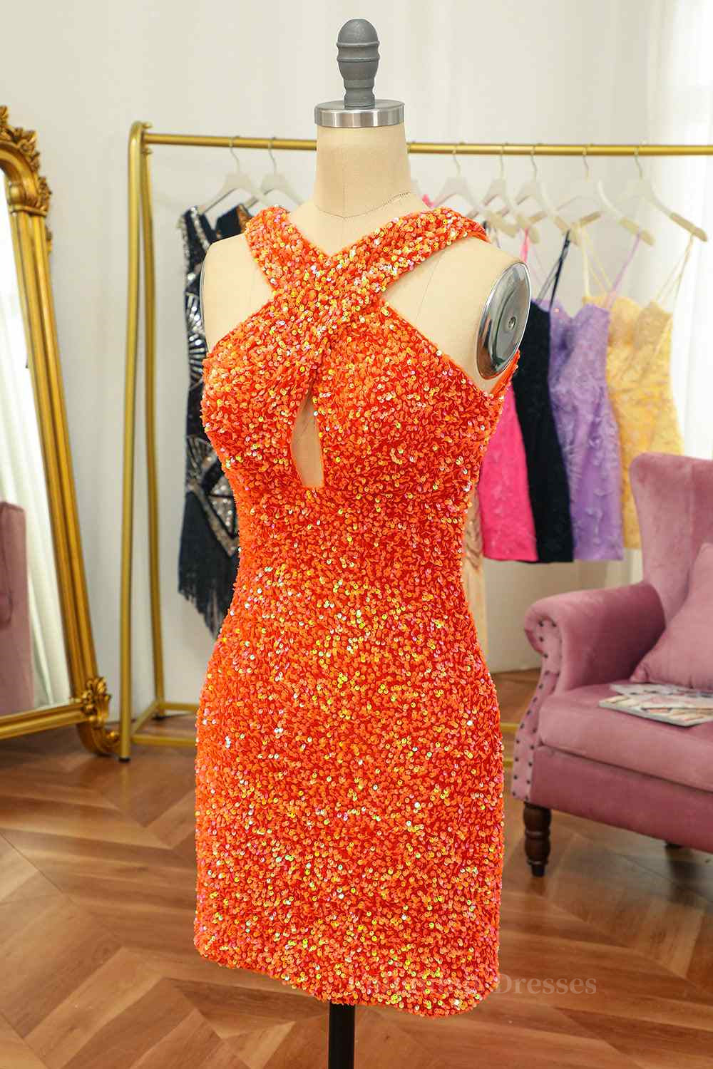 Orange Sheath Halter Sequins Cut-Out Mini Homecoming Dress Secondary image