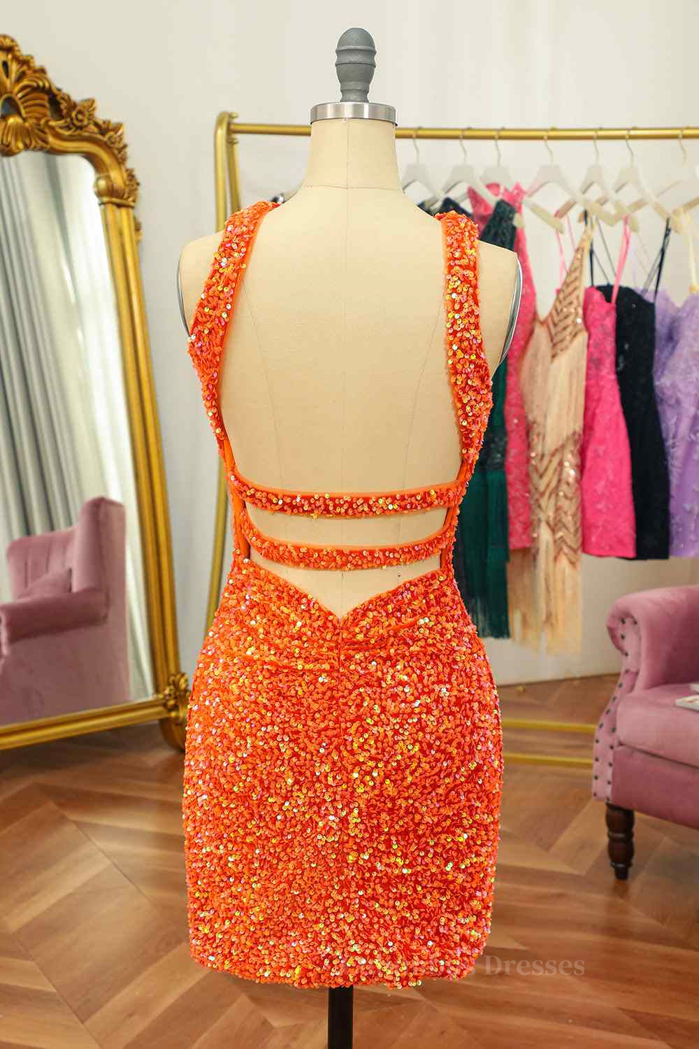 Long Sleeve Prom Dress, Orange Sheath Halter Sequins Cut-Out Mini Homecoming Dress Main image