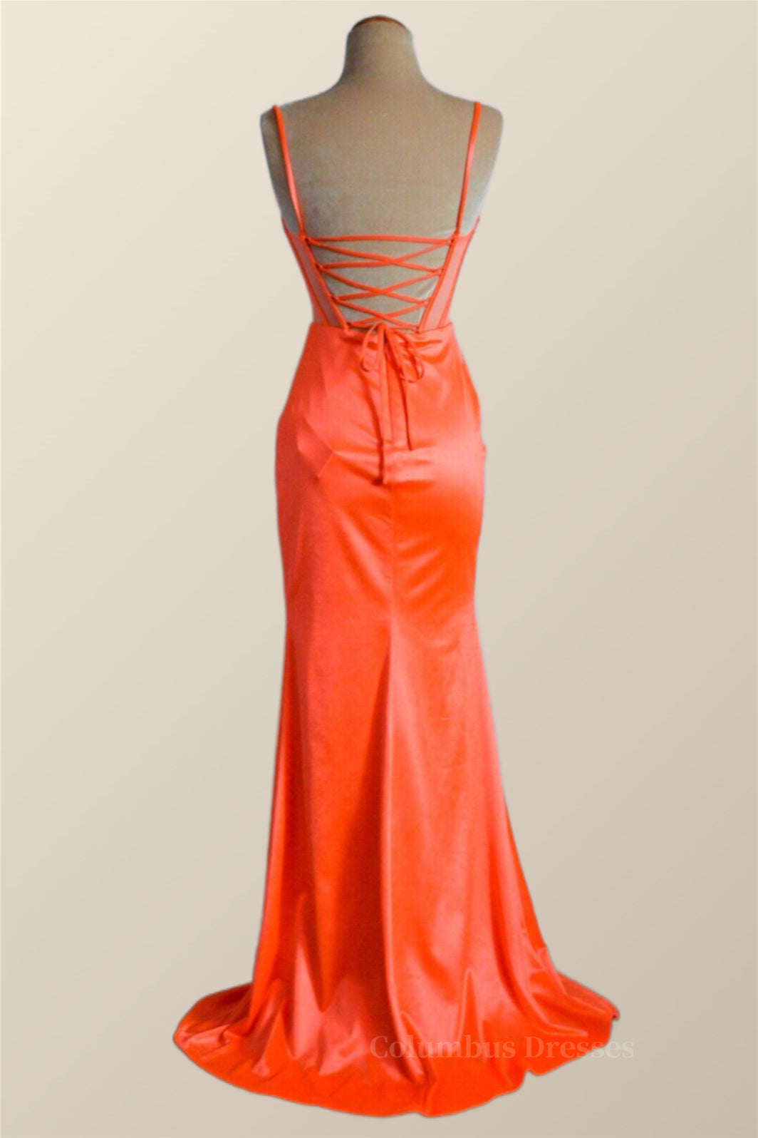Party Dresses Designs, Orange Spaghetti Straps Mermaid Long Formal Dress Main image