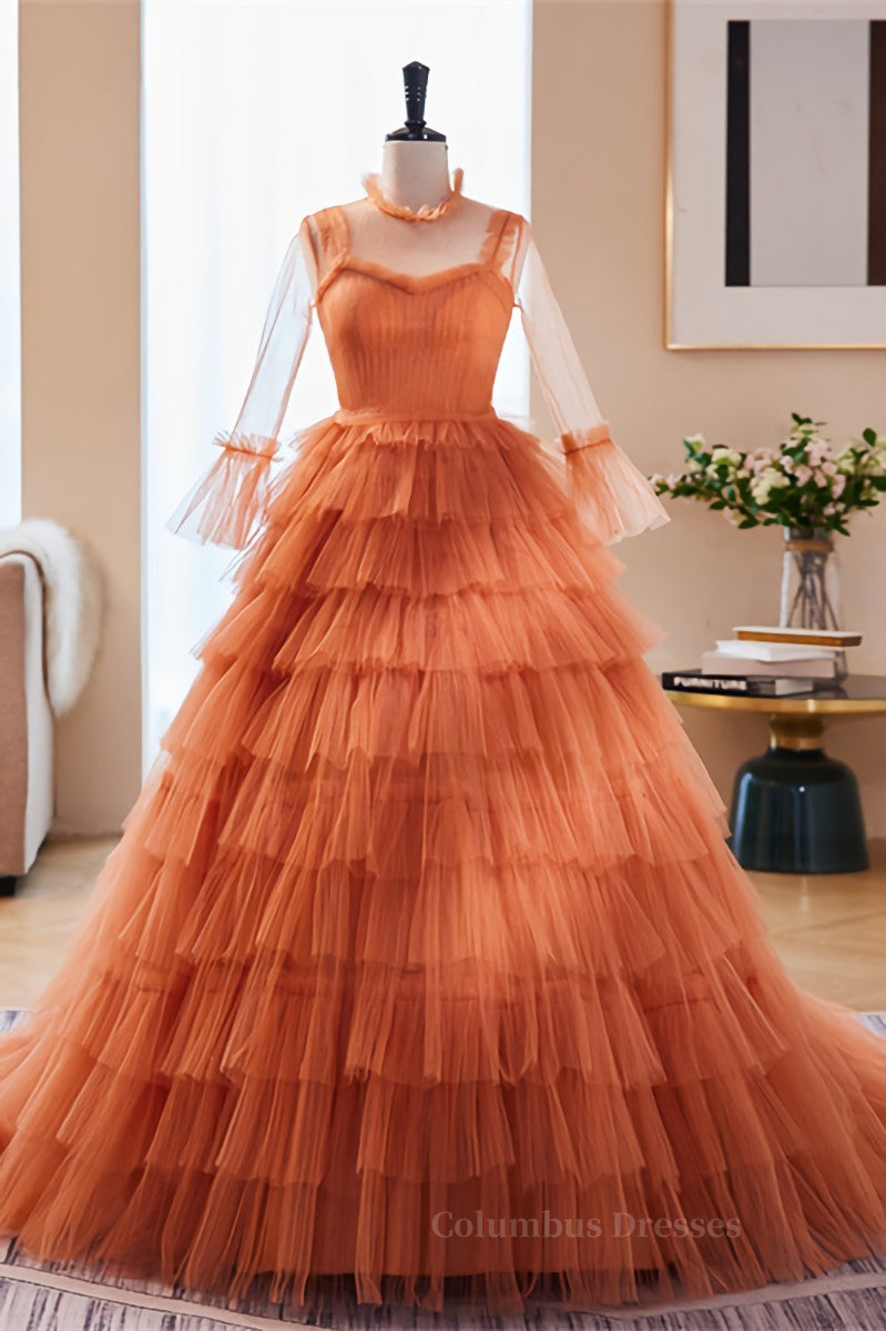 Orange Straps Detachable Illusion Sleeves Multi-Layers Maxi Formal Dress Secondary image