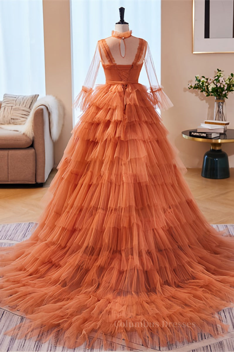 Bridesmaids Dresses Idea, Orange Straps Detachable Illusion Sleeves Multi-Layers Maxi Formal Dress
