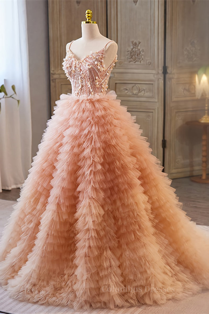 Orange pink Sequined A-line Multi-Layers Slip Long Prom Dress Secondary image