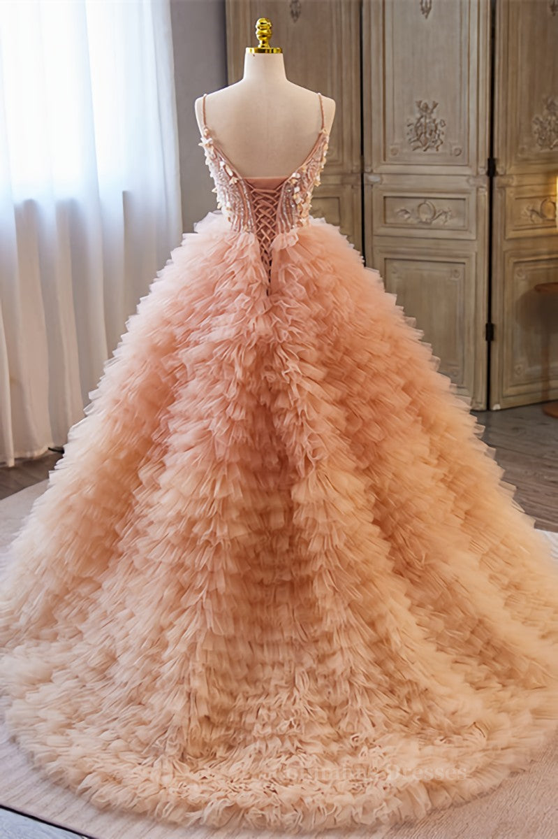 Party Dress Shopping, Orange pink Sequined A-line Multi-Layers Slip Long Prom Dress Main image