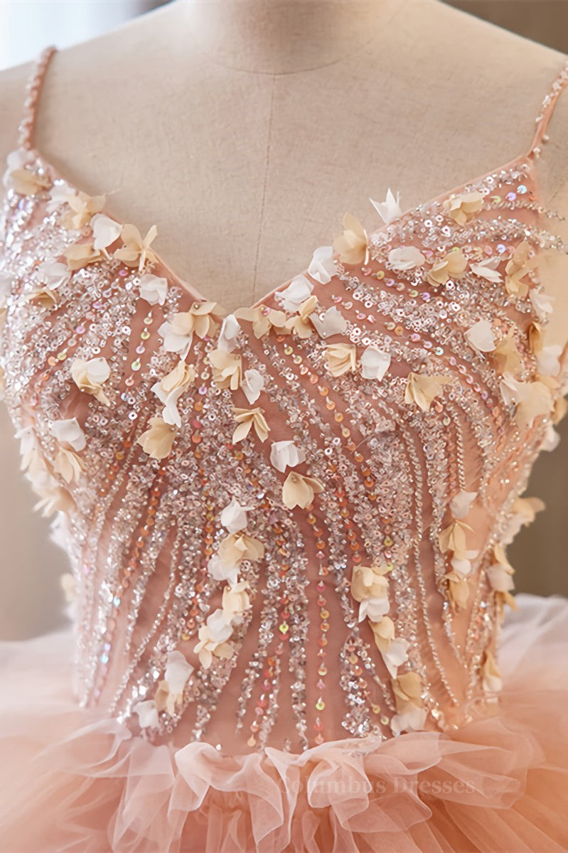 Party Dress Shops, Orange pink Sequined A-line Multi-Layers Slip Long Prom Dress