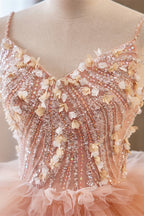 Party Dress Shops, Orange pink Sequined A-line Multi-Layers Slip Long Prom Dress