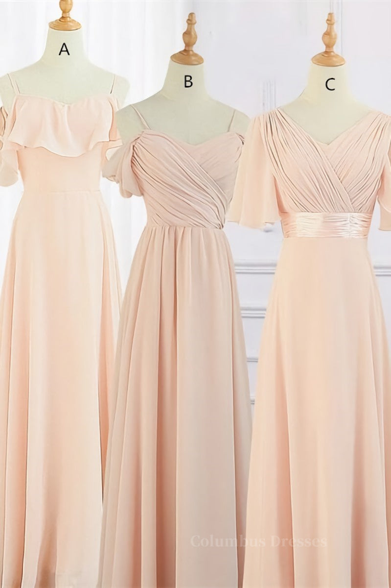 Prom Dress Blue Long, Peach Chiffon Long Mismatched Bridesmaid Dresses