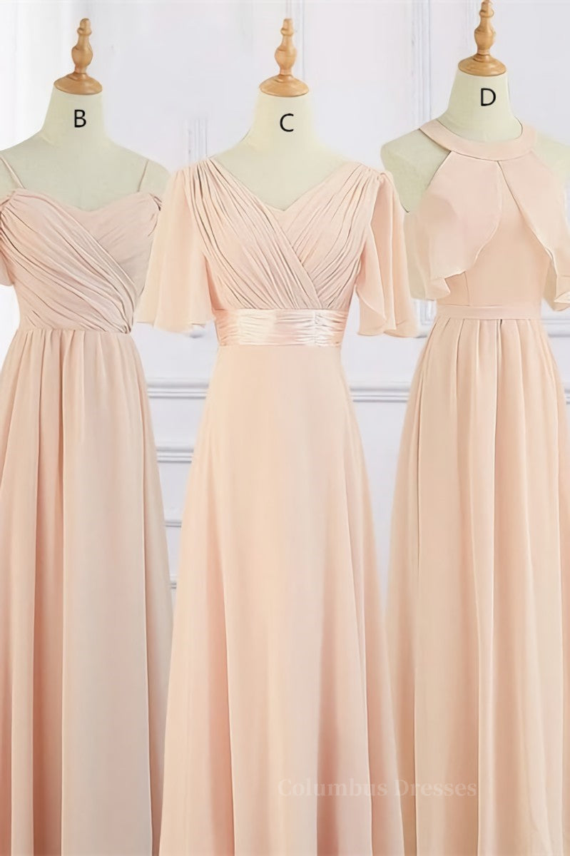Prom Dresses Blue Long, Peach Chiffon Long Mismatched Bridesmaid Dresses