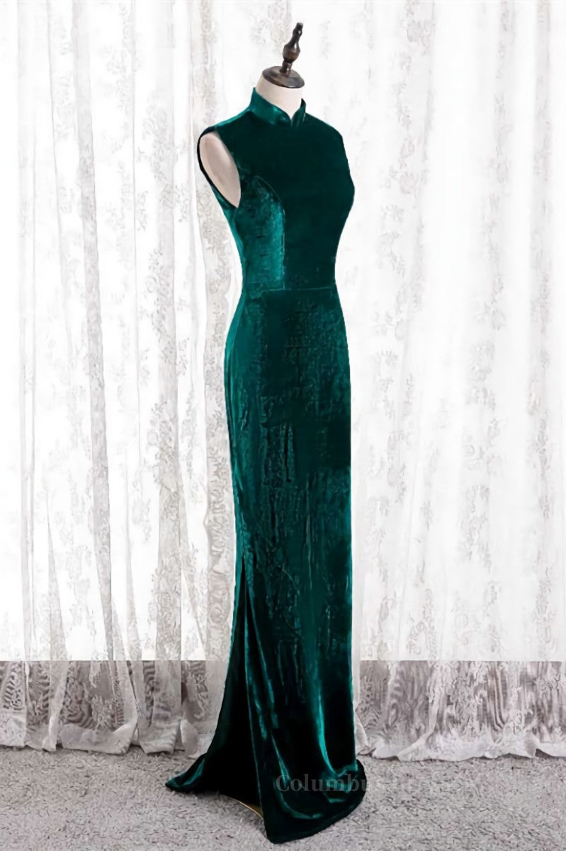 Peacock High Neck Mermaid Sleeveless Velvet Long Formal Dress with Slit Secondary image