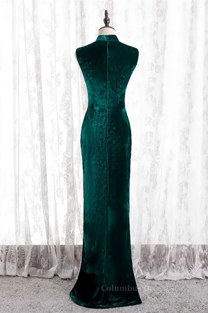 Formal Dresses For Wedding Guests, Peacock High Neck Mermaid Sleeveless Velvet Long Formal Dress with Slit Main image
