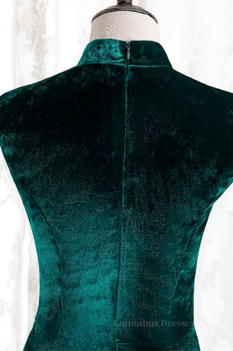 Formal Dress For Wedding Reception, Peacock High Neck Mermaid Sleeveless Velvet Long Formal Dress with Slit