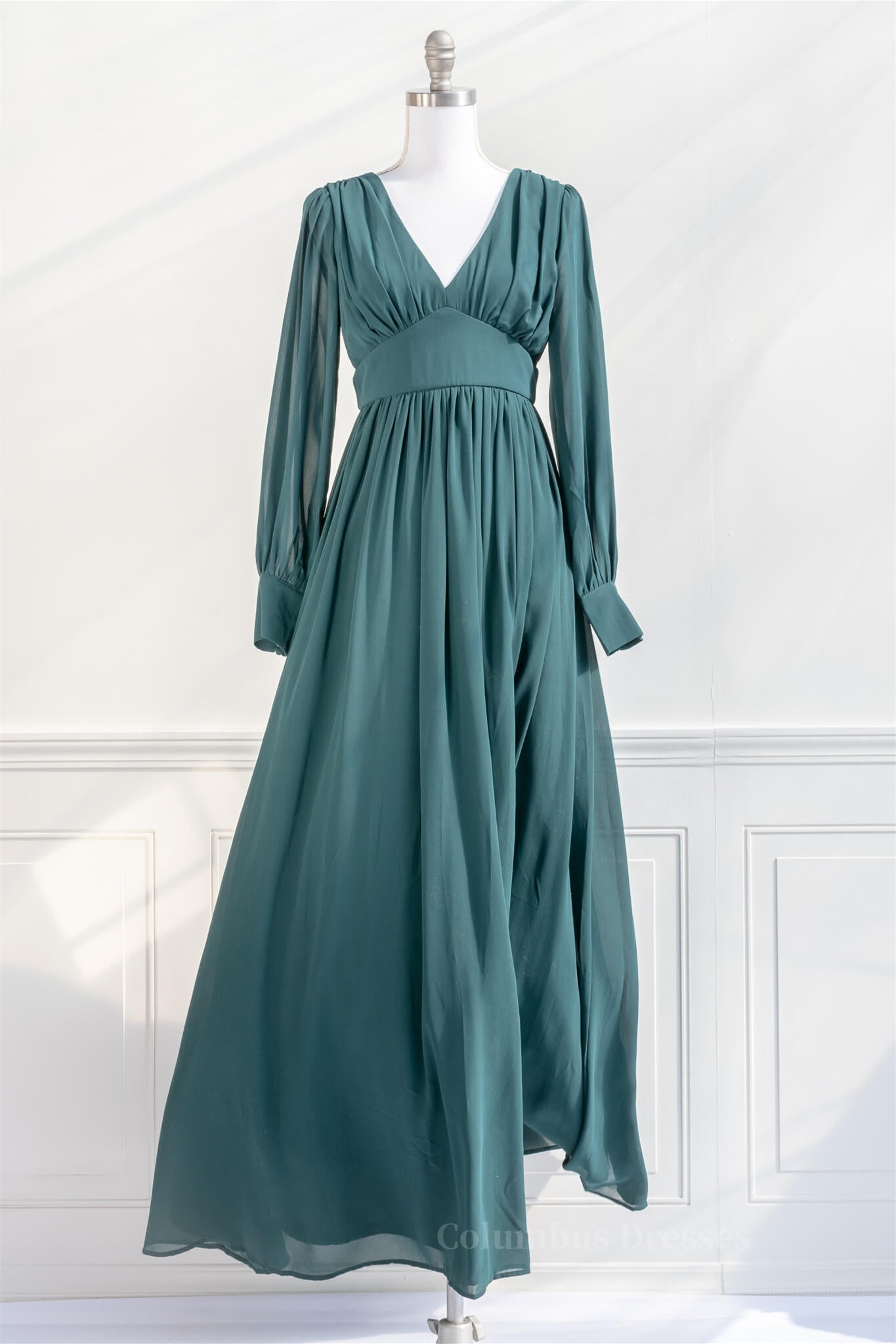 Pine Deep V Neck Long Sleeves Empire Chiffon Long Prom Dress Secondary image