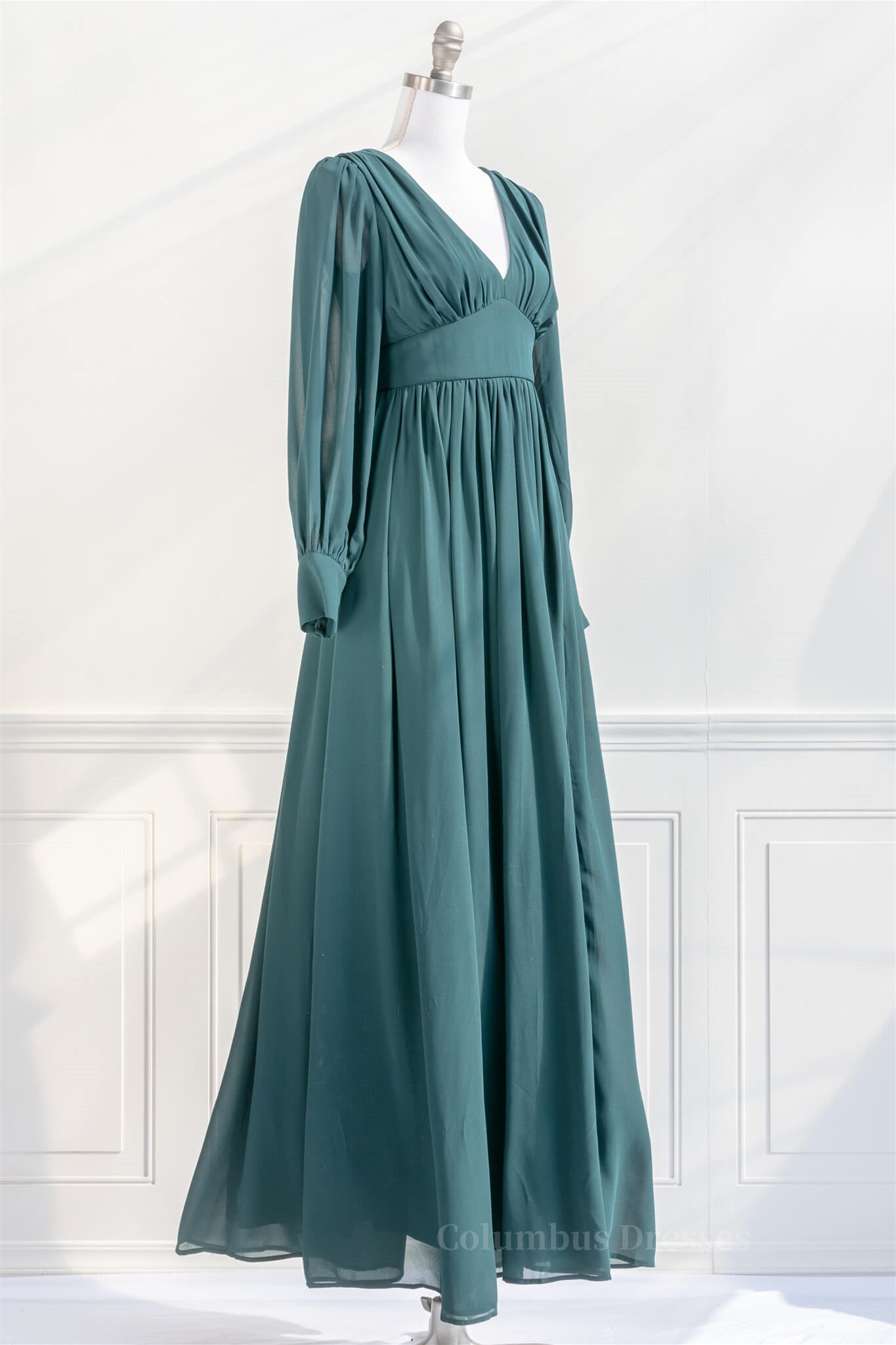 Ball Dress, Pine Deep V Neck Long Sleeves Empire Chiffon Long Prom Dress Main image