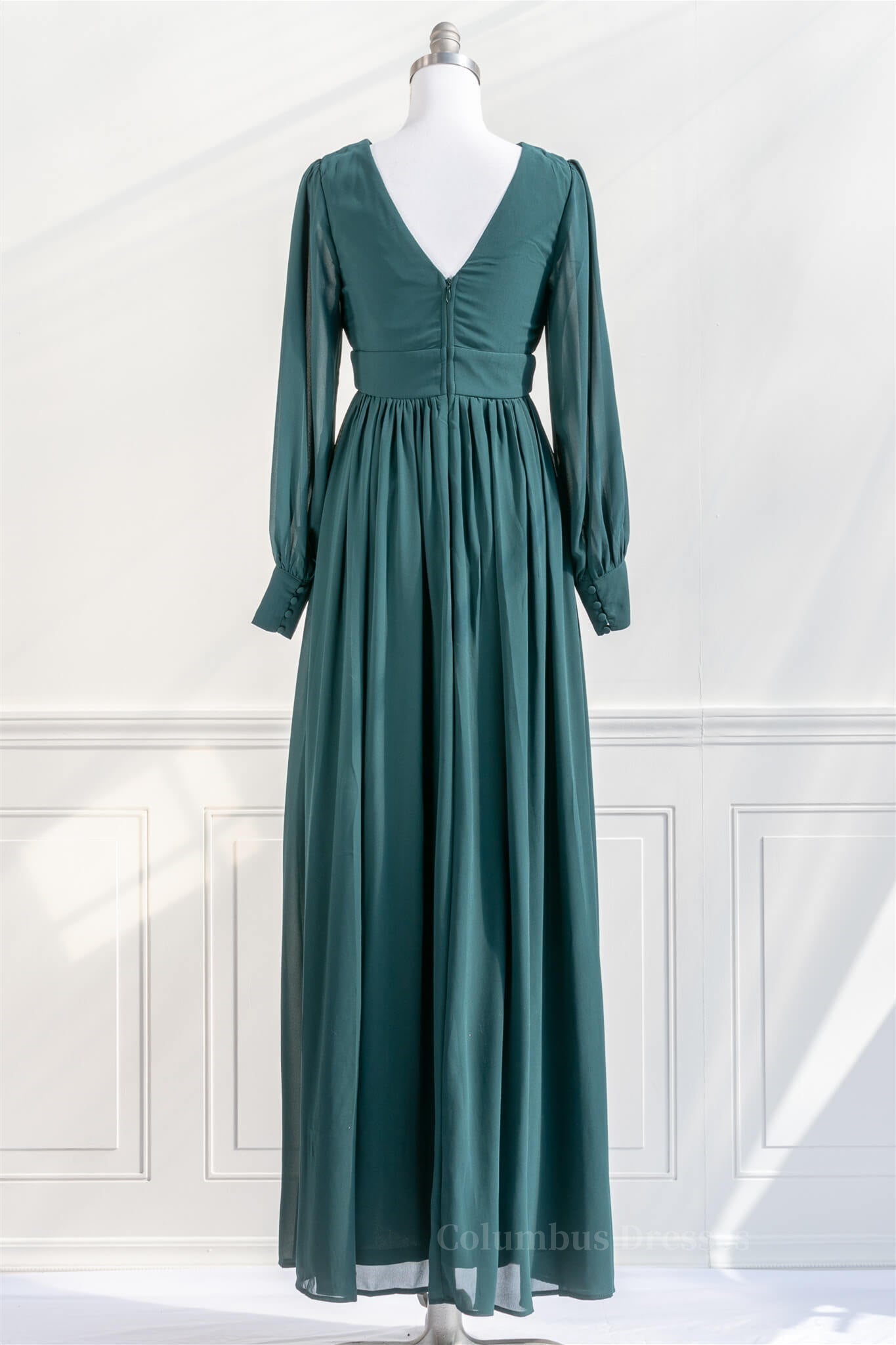 Mismatched Bridesmaid Dress, Pine Deep V Neck Long Sleeves Empire Chiffon Long Prom Dress