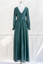 Mismatched Bridesmaid Dress, Pine Deep V Neck Long Sleeves Empire Chiffon Long Prom Dress