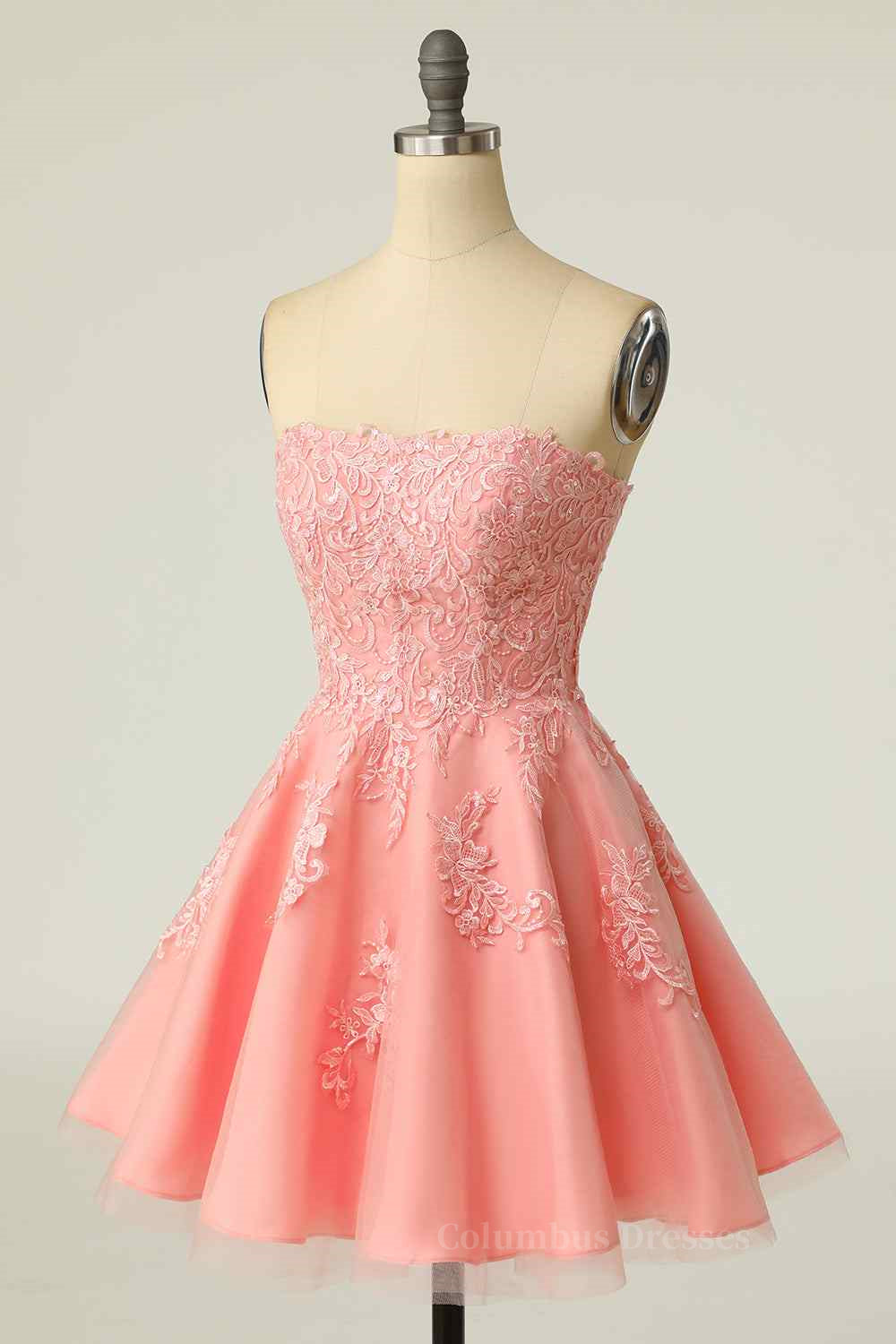 Pink A-line Strapless Lace-Up Back Applique Tulle Mini Homecoming Dress Secondary image