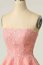 Bridesmaid Dresses Mauve, Pink A-line Strapless Lace-Up Back Applique Tulle Mini Homecoming Dress