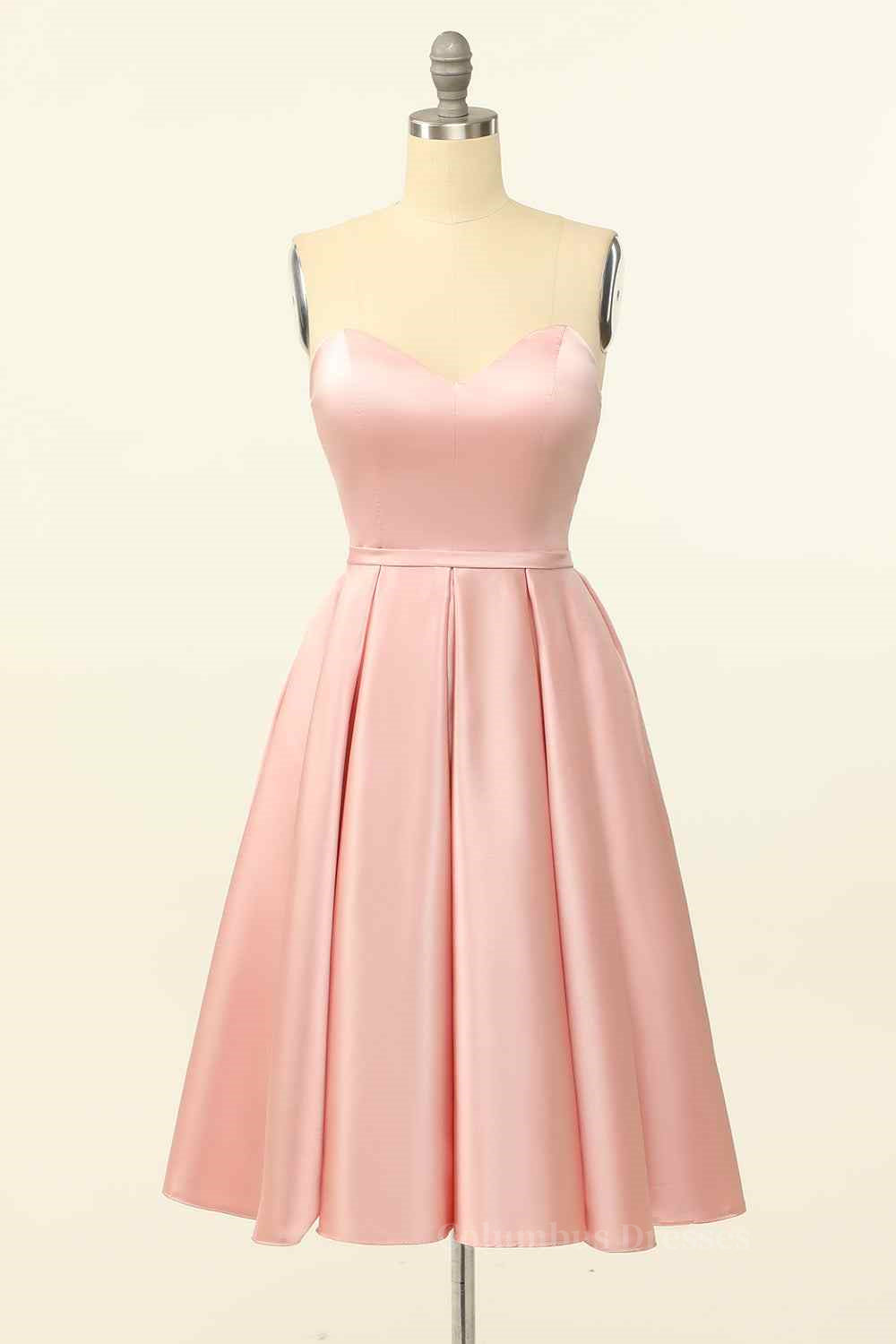Bridesmaids Dress With Sleeves, Pink A-line Strapless Satin Lace-Up Back Mini Homecoming Dress