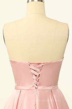 Bridesmaids Dresses Long Sleeves, Pink A-line Strapless Satin Lace-Up Back Mini Homecoming Dress