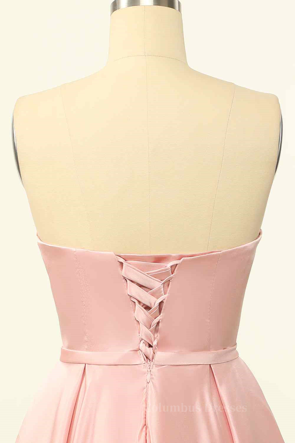 Bridesmaids Dresses Long Sleeves, Pink A-line Strapless Satin Lace-Up Back Mini Homecoming Dress