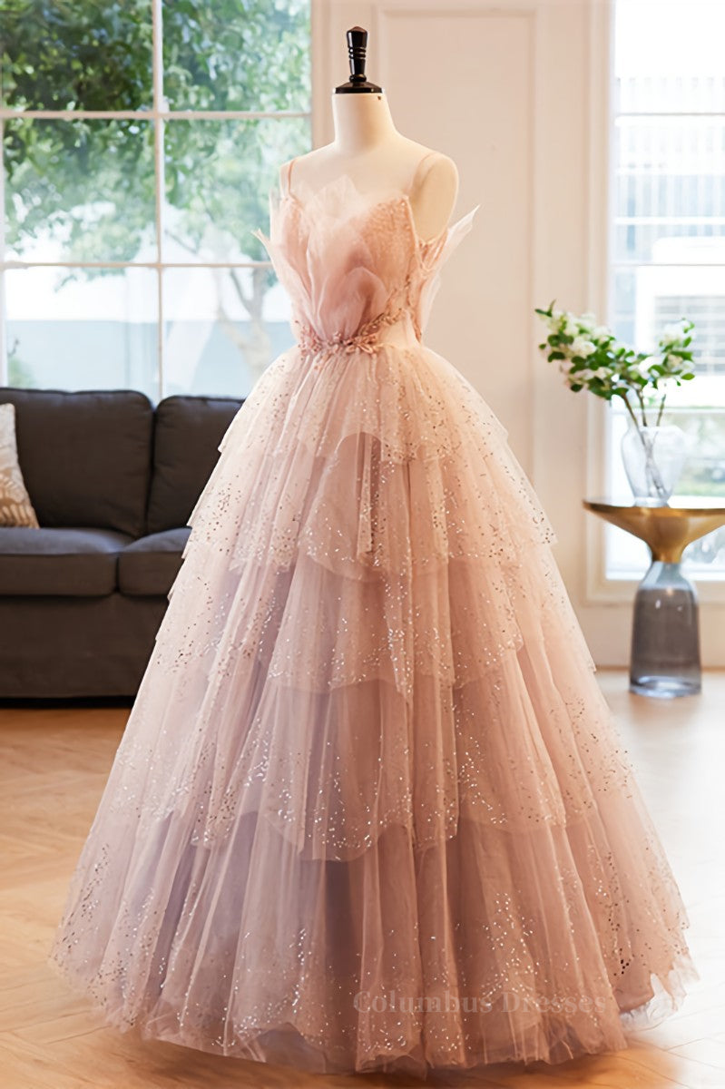 Pink Deep V Neck Straps Beaded Appliques Multi-Layers Maxi Formal Dress Secondary image