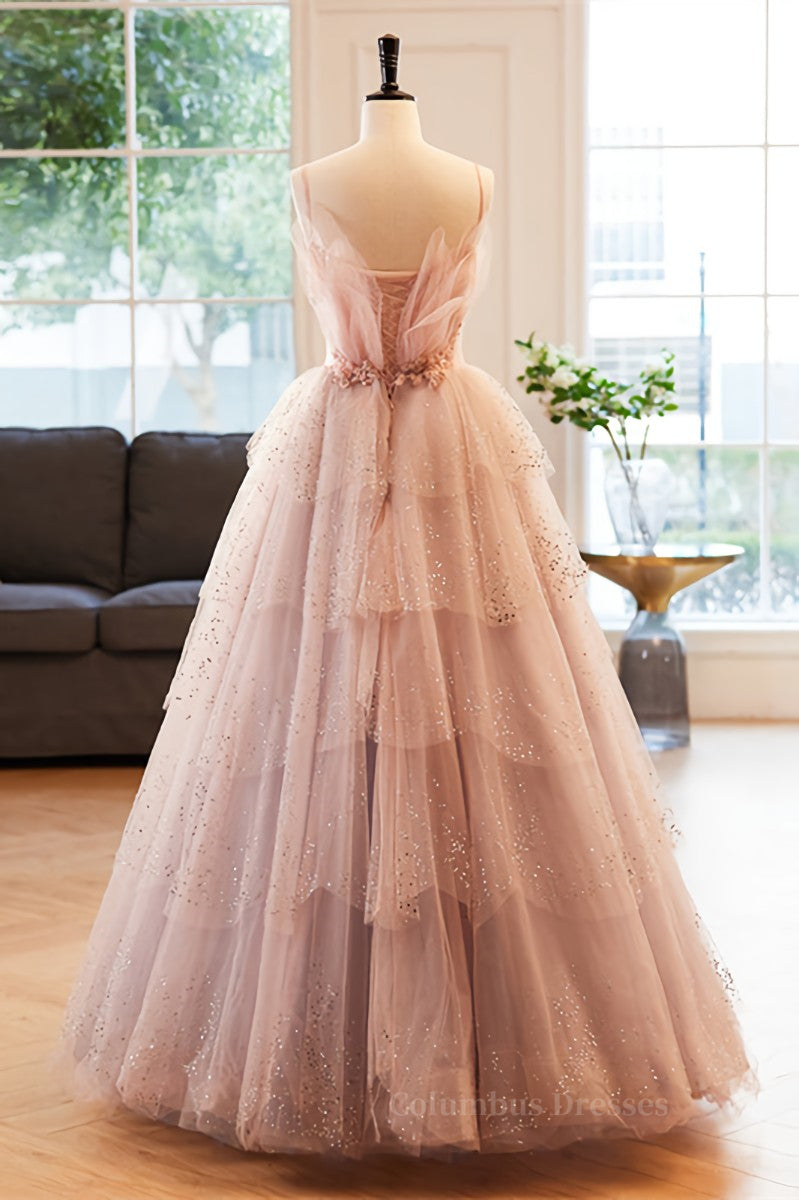 Bridesmaid Dresses Champagne, Pink Deep V Neck Straps Beaded Appliques Multi-Layers Maxi Formal Dress Main image