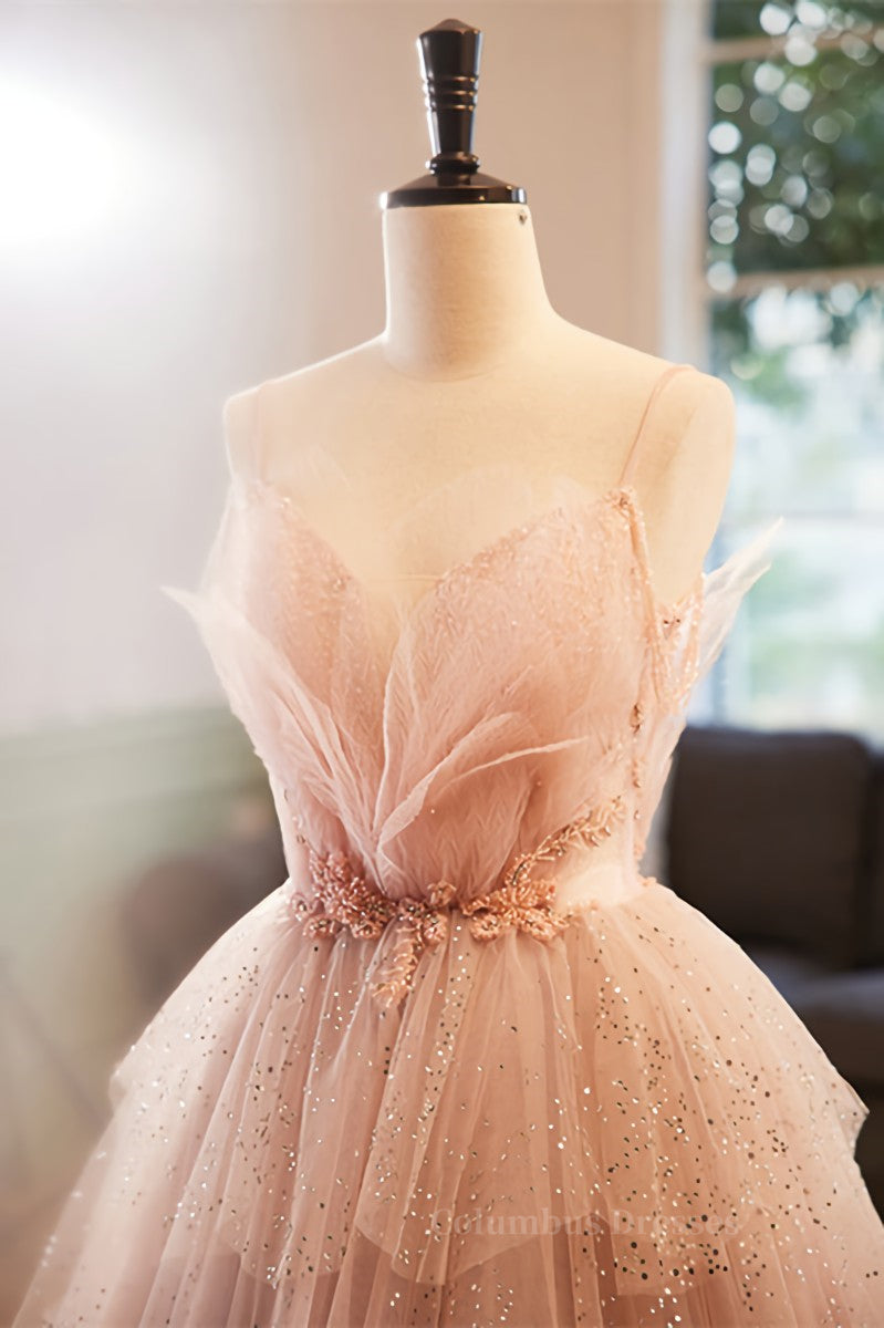 Bridesmaids Dresses Color Palettes, Pink Deep V Neck Straps Beaded Appliques Multi-Layers Maxi Formal Dress