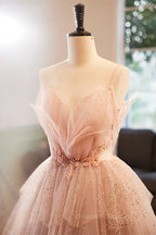 Bridesmaids Dresses Color Palettes, Pink Deep V Neck Straps Beaded Appliques Multi-Layers Maxi Formal Dress