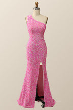 Prom Dresses Blue Long, Pink Glitters One Shoulder Mermaid Long Dress