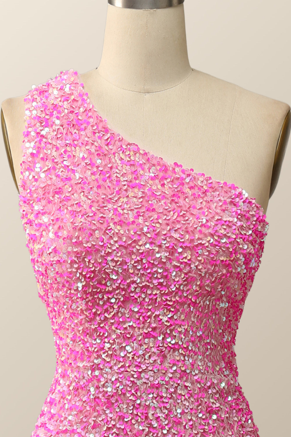 Prom Dresse Backless, Pink Glitters One Shoulder Mermaid Long Dress