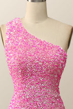 Prom Dresse Backless, Pink Glitters One Shoulder Mermaid Long Dress