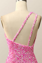 Prom Dresses Modest, Pink Glitters One Shoulder Mermaid Long Dress