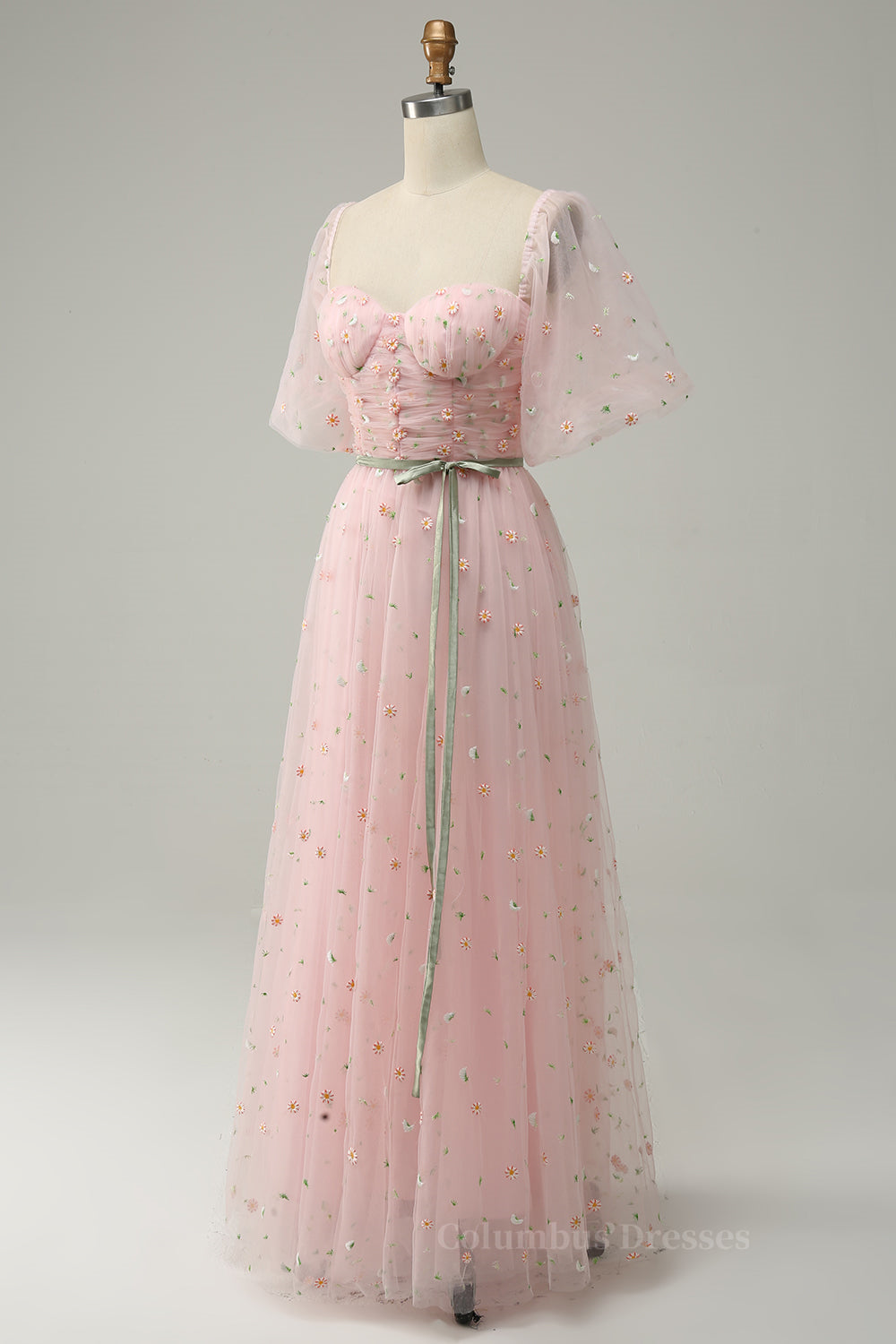 Pink Illusion Puff Sleeves Embroideries A-line Long Prom Dress with Sash Secondary image