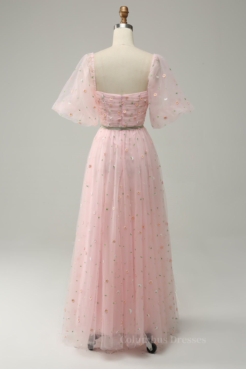Green Bridesmaid Dress, Pink Illusion Puff Sleeves Embroideries A-line Long Prom Dress with Sash Main image