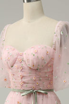 Bridesmaids Dresses Yellow, Pink Illusion Puff Sleeves Embroideries A-line Long Prom Dress with Sash