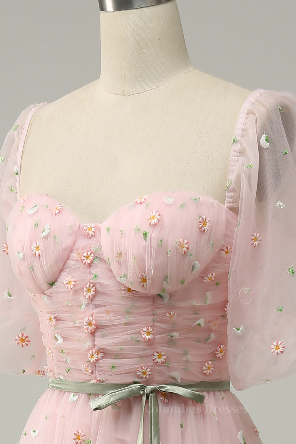 Bridesmaids Dresses Yellow, Pink Illusion Puff Sleeves Embroideries A-line Long Prom Dress with Sash