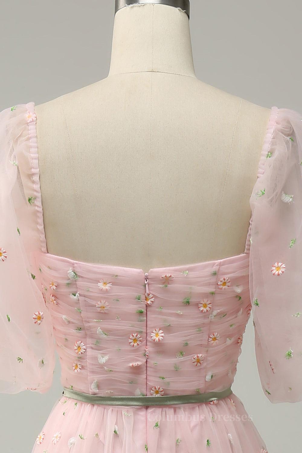 Bridesmaids Dress Floral, Pink Illusion Puff Sleeves Embroideries A-line Long Prom Dress with Sash