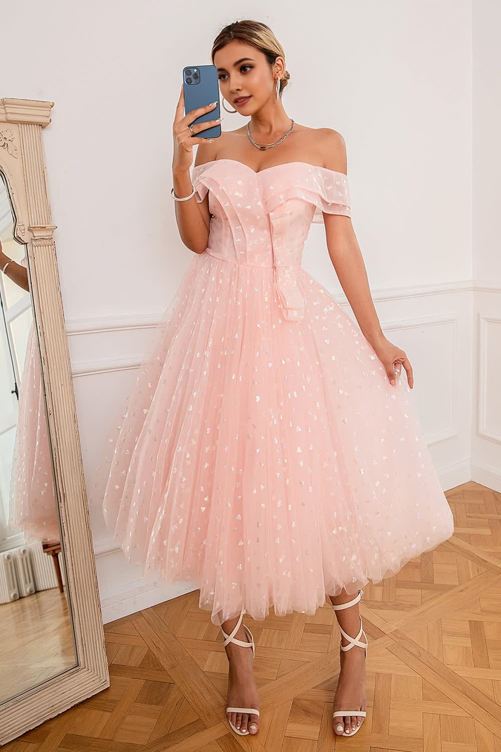 Pink Off Shoulder Hearts Prom Dress Main image